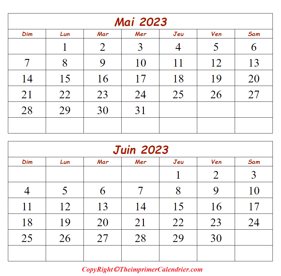 Calendrier Planning Mai Juin 2023 a Imprimer