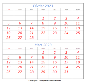 Calendrier Vierge Février Mars 2023