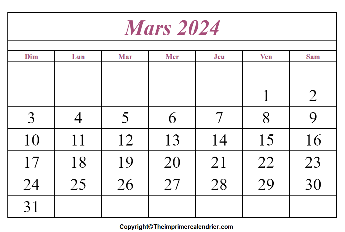 Calendrier mois de Mars 2024