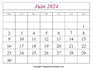 Juin 2024 Calendrier Imprimable