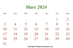 Mars 2024 Calendrier