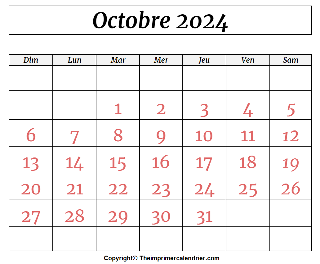 Calendrier 2024 Octobre Mensuel
