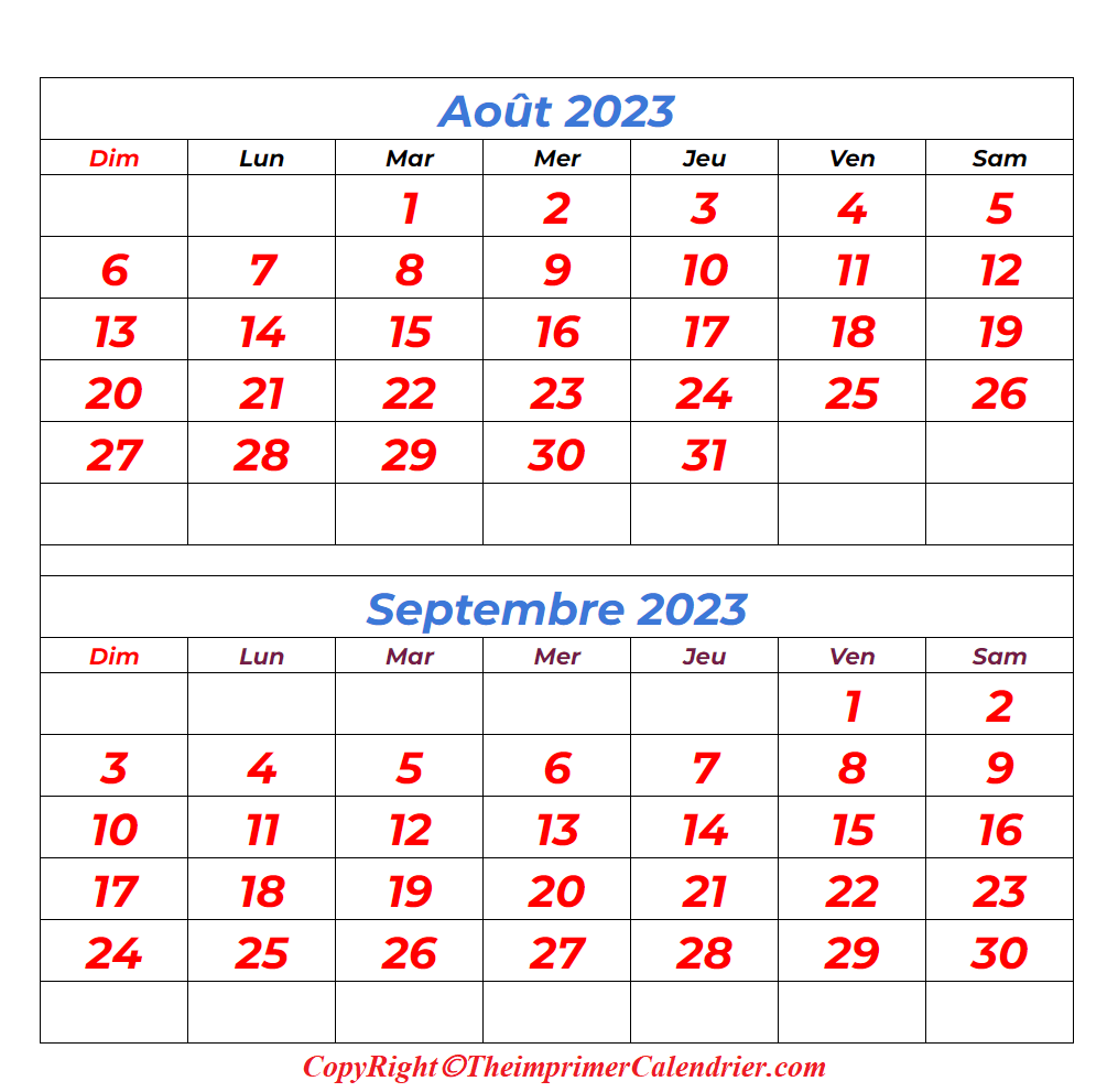 Calendrier Août et Septembre 2023