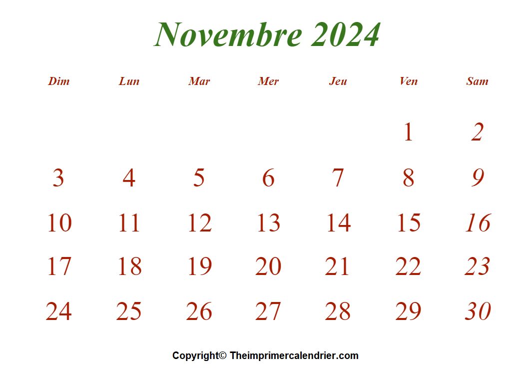 Calendrier Novembre 2024