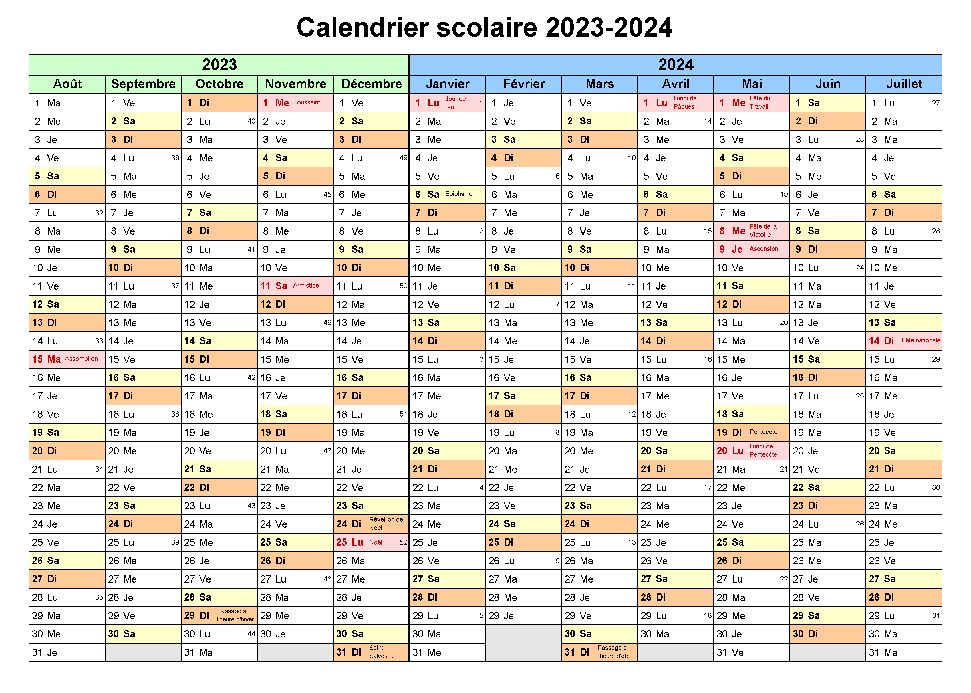 Scolaire Calendrier 2024