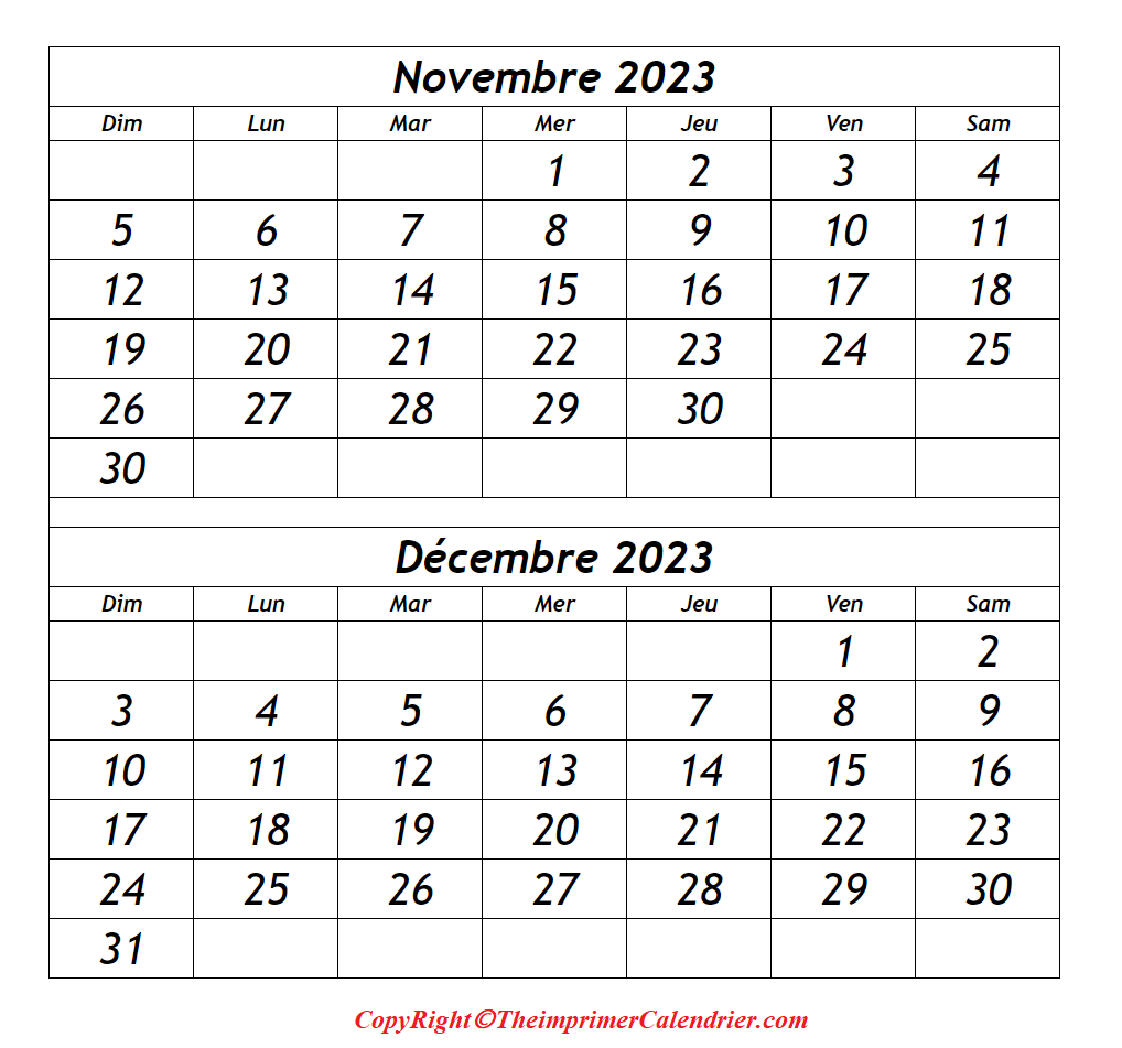 Calendrier Mois Novembre Decembre 2023 a Imprimer