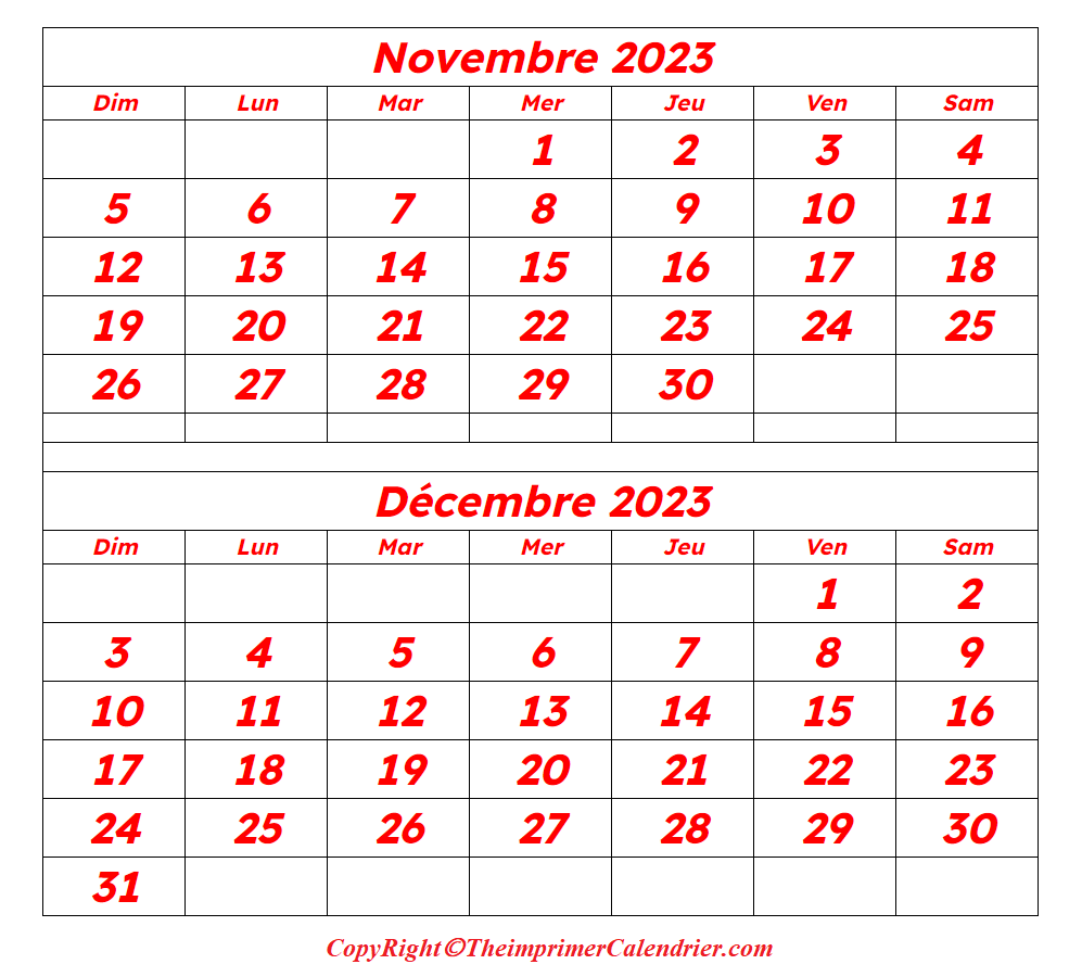 Calendrier Novembre Decembre 2023 à imprimer