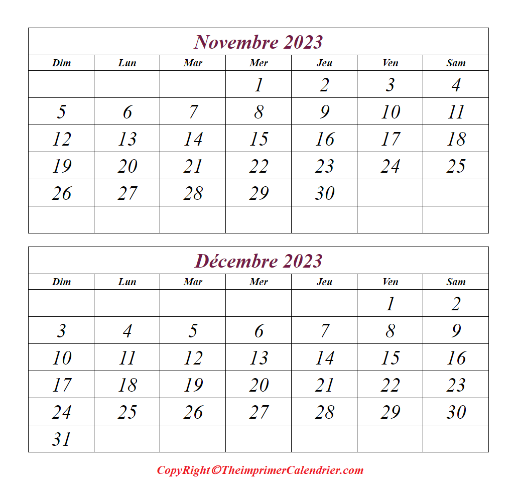 Calendrier Novembre Decembre 2023