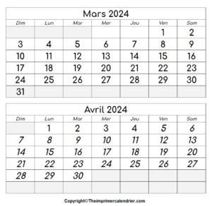 Calendrier Mars Avril 2024 à imprimer
