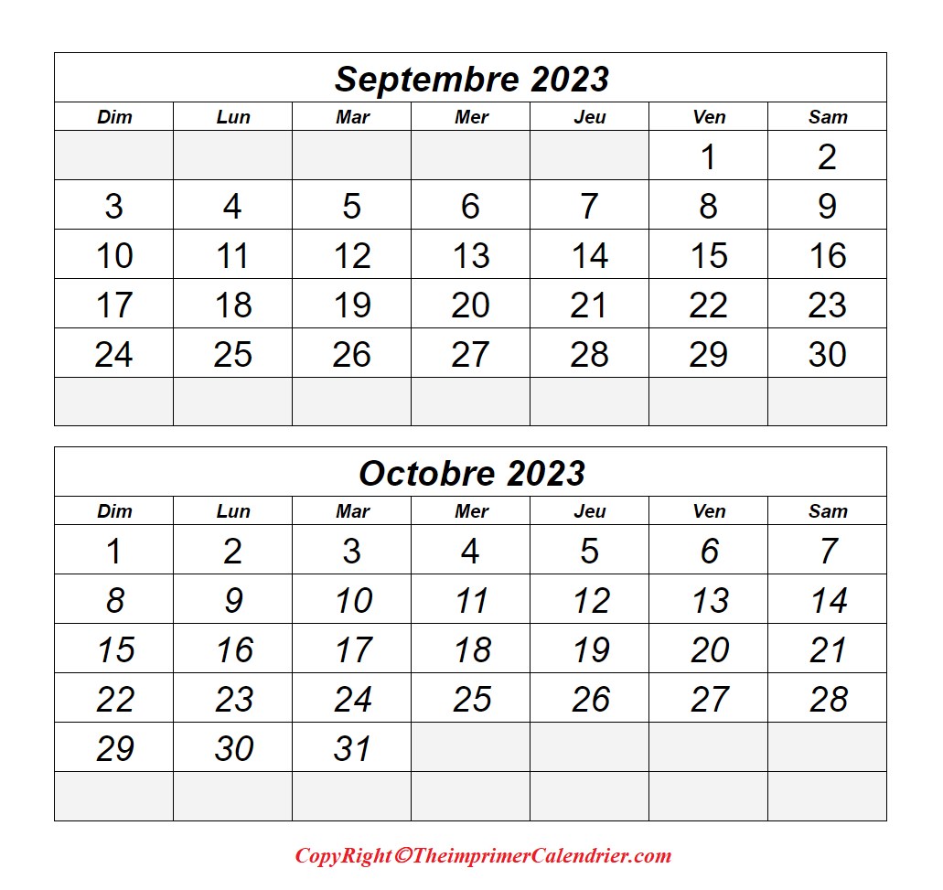 Calendrier Septembre Octobre 2023 à imprimer