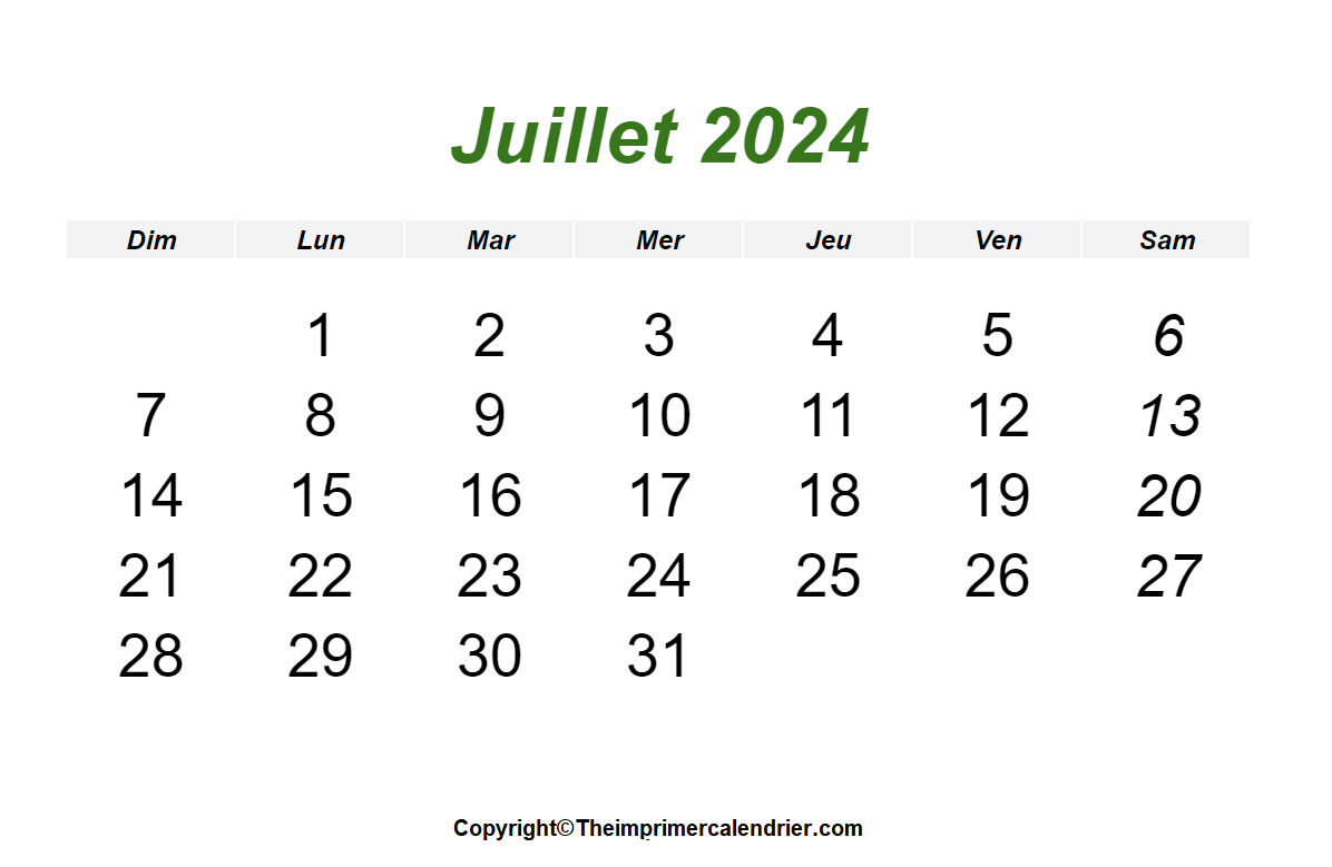 Calendrier Juillet 2024 PDF