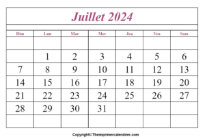 Calendrier Juillet Mensuel 2024